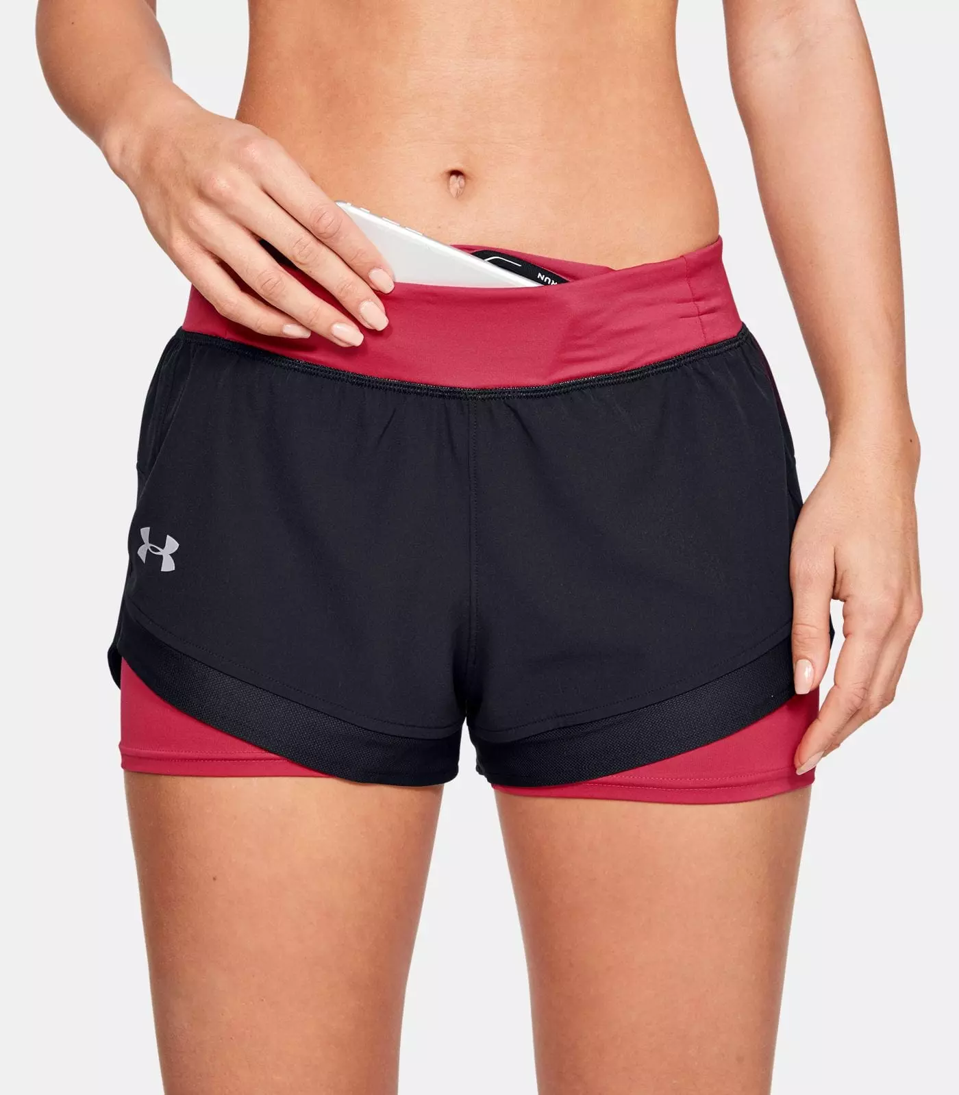 Kvinders Under Armour Qualifier Speedpocket 2-in-1 løbeshorts - Black and Red XS thumbnail